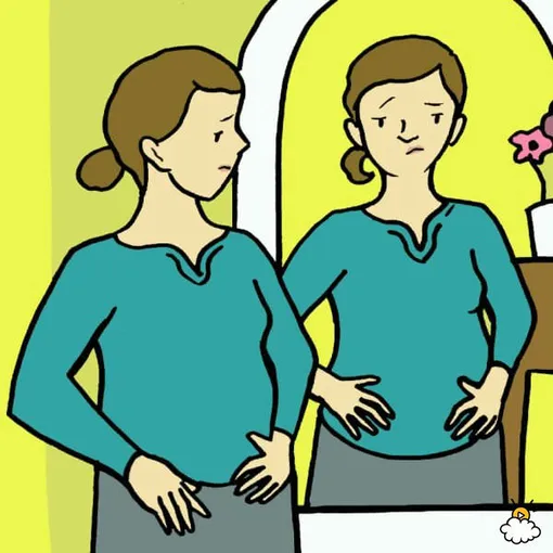 Женщина смотрит в зеркало, причины газообразования в кишечнике у женщин
