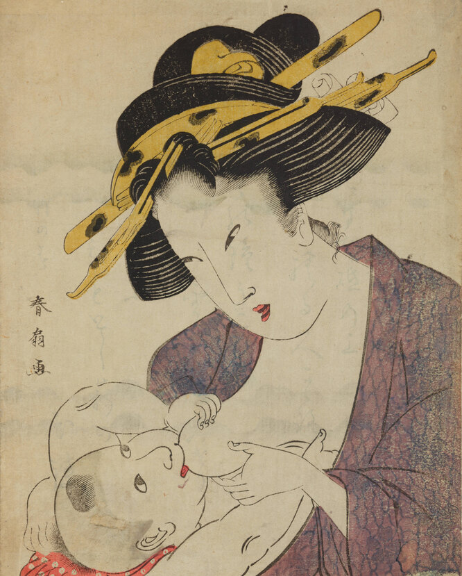 Женщина кормящая грудью, японская гравюра