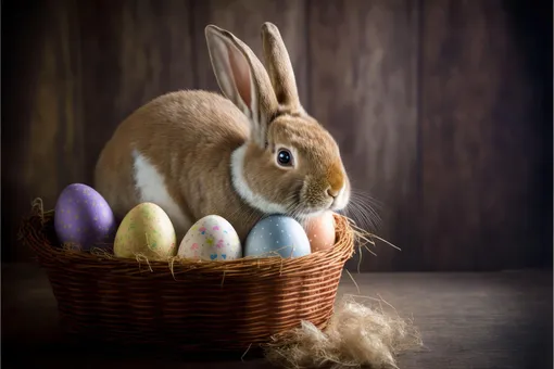 Кролик в корзинке с яйцами, символ Пасхи и подарков на Пасху