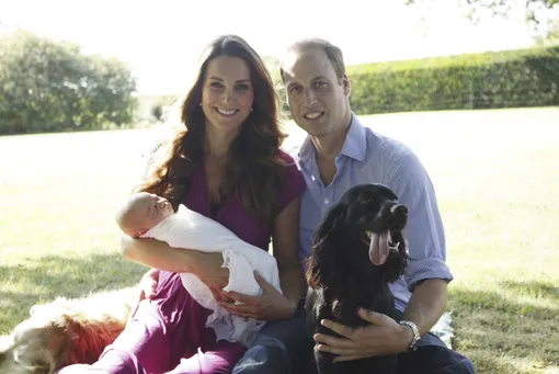 Кейт Миддлтон, принц Уильям, новорождённый принц Джордж и их питомец Лупо