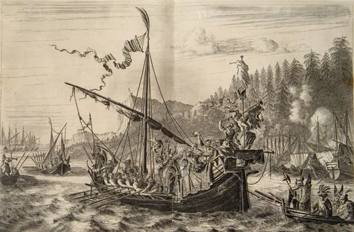 Степан Разин бросает персидскую царевну в Волгу. Иллюстрация из амстердамской книги 1681 года.