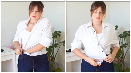 Блогер и автор канала Style with Valentina показывает, как красиво заправить объёмную блузку в джинсы, чтобы выглядеть стройнее