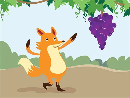 мультяшная лиса пытается достать гроздь винограда