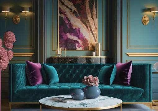 Фиолетовые подушки, как элемент декора в интерьере гостиной