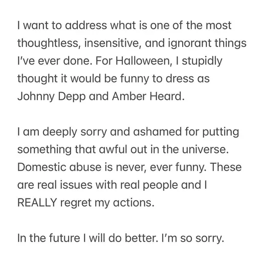 Пост с извинениями от Эмили Хэмпшир за свои образы с подругой Джонни Деппа и Эмбер Херд на Хеллоуин
