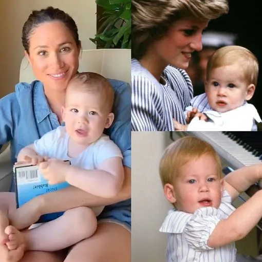 Слева: Меган Маркл с сыном Арчи, справа: архивные фото принцессы Дианы и принца Гарри