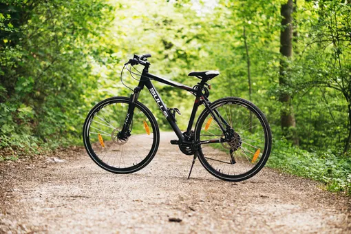 черный велосипед стоит на подставке в лесу на тропинке