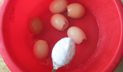 Для начала нужно сделать небольшое отверстие в верхней части яйца. Теперь вылить из скорлупы содержимое)белок и желток).Хорошо промыть скорлупки под проточной водой снаружи и особенно тщательно внутри.Затем погрузить пустую скорлупу в кастрюлю с солёной водой примерно на 30 минут. На 1 литр воды – 100 гр. соли. В скорлупу тоже налить соленой воды, чтобы яйца погрузились полностью.Эта процедура сделает скорлупу прочной и она не треснет при выпечке.